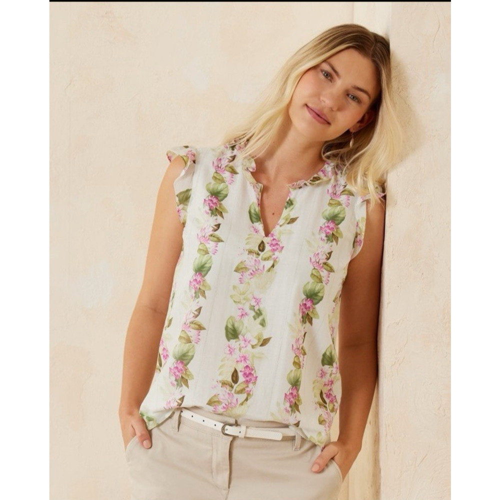 Tommy Bahama Top Agua Amara Orchid Dreams Sleeveless Ruffle Cotton Silk Size XXS